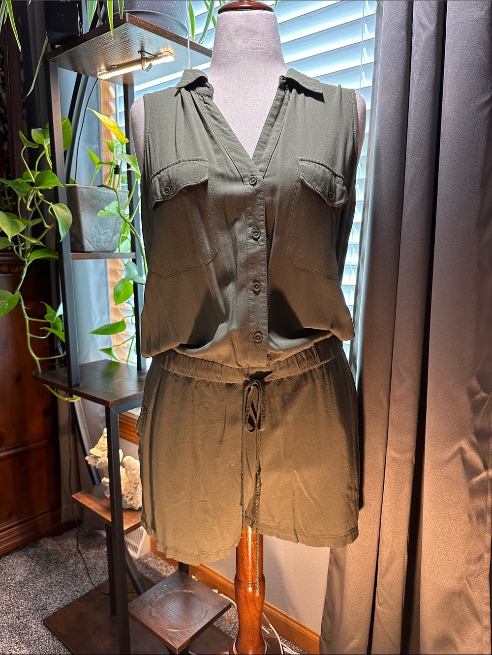 Sleeveless Utility Romper in Olive Green